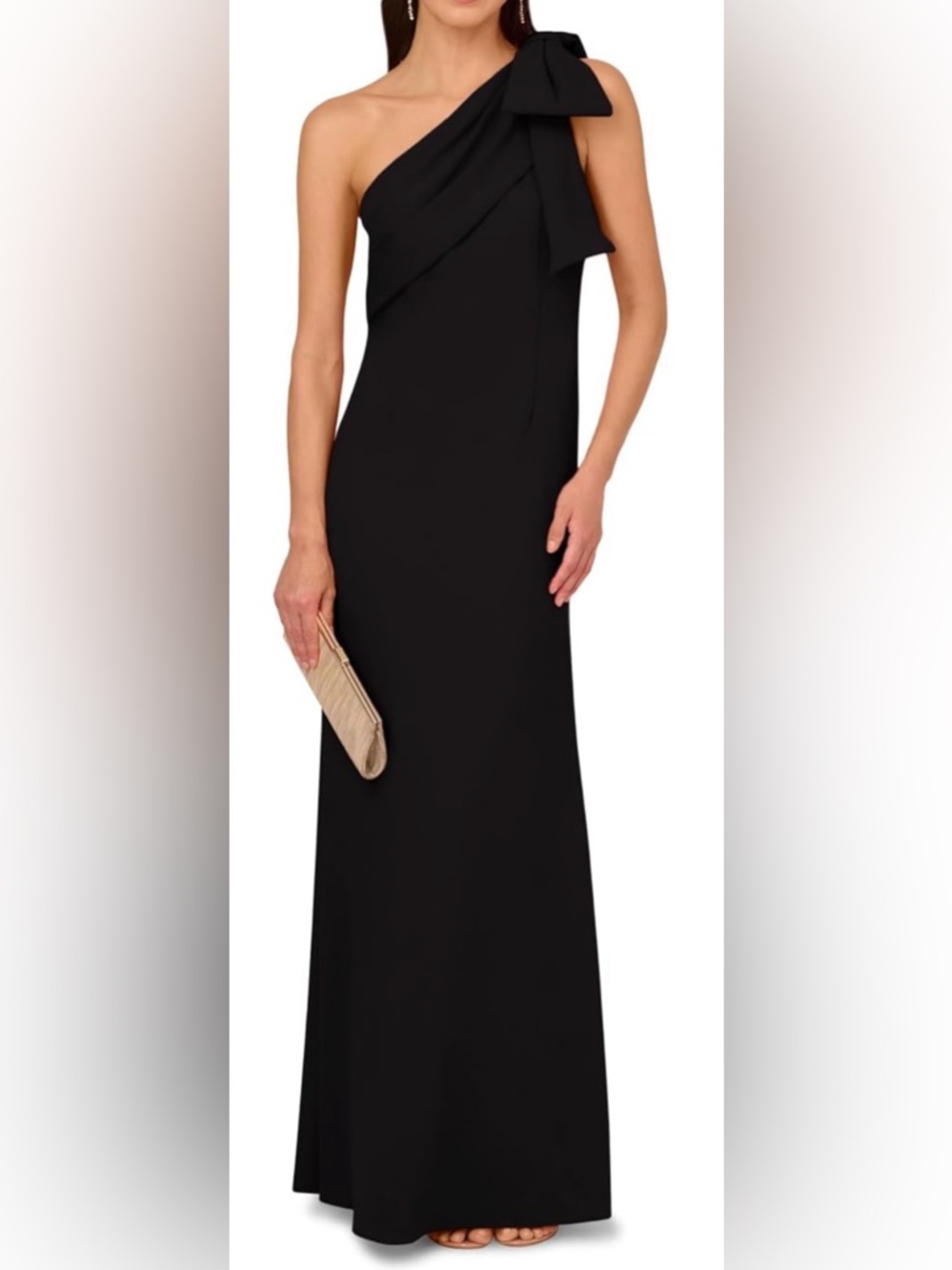 Adrianna Papell One-Shoulder Black Evening Gown with Shoulder Bow
